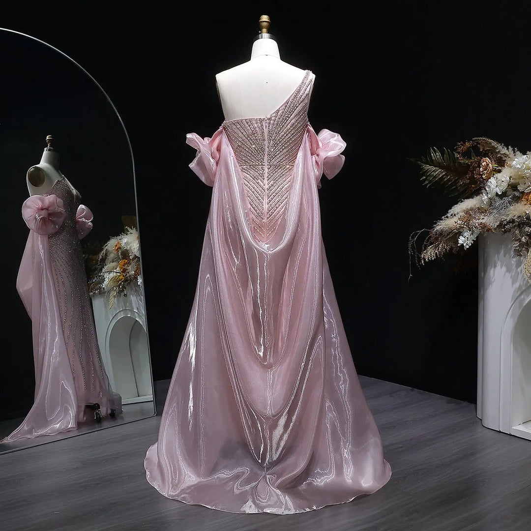 Elegent Blue Beaded One-Shoulder Evening Dress with Flowing Cape SS016