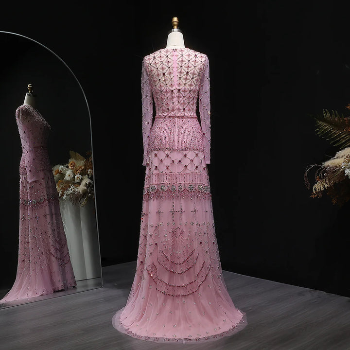 Elegant Pink Crystal Beaded Long Sleeve Evening Dress SS220
