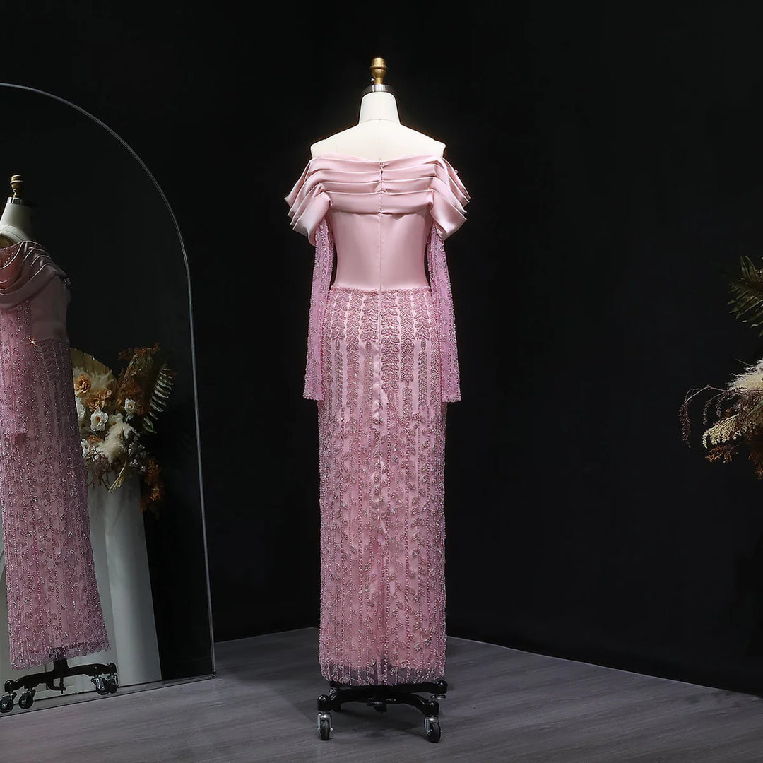 Elegant Off Shoulder Evening Dress with Long Sleeves SS695