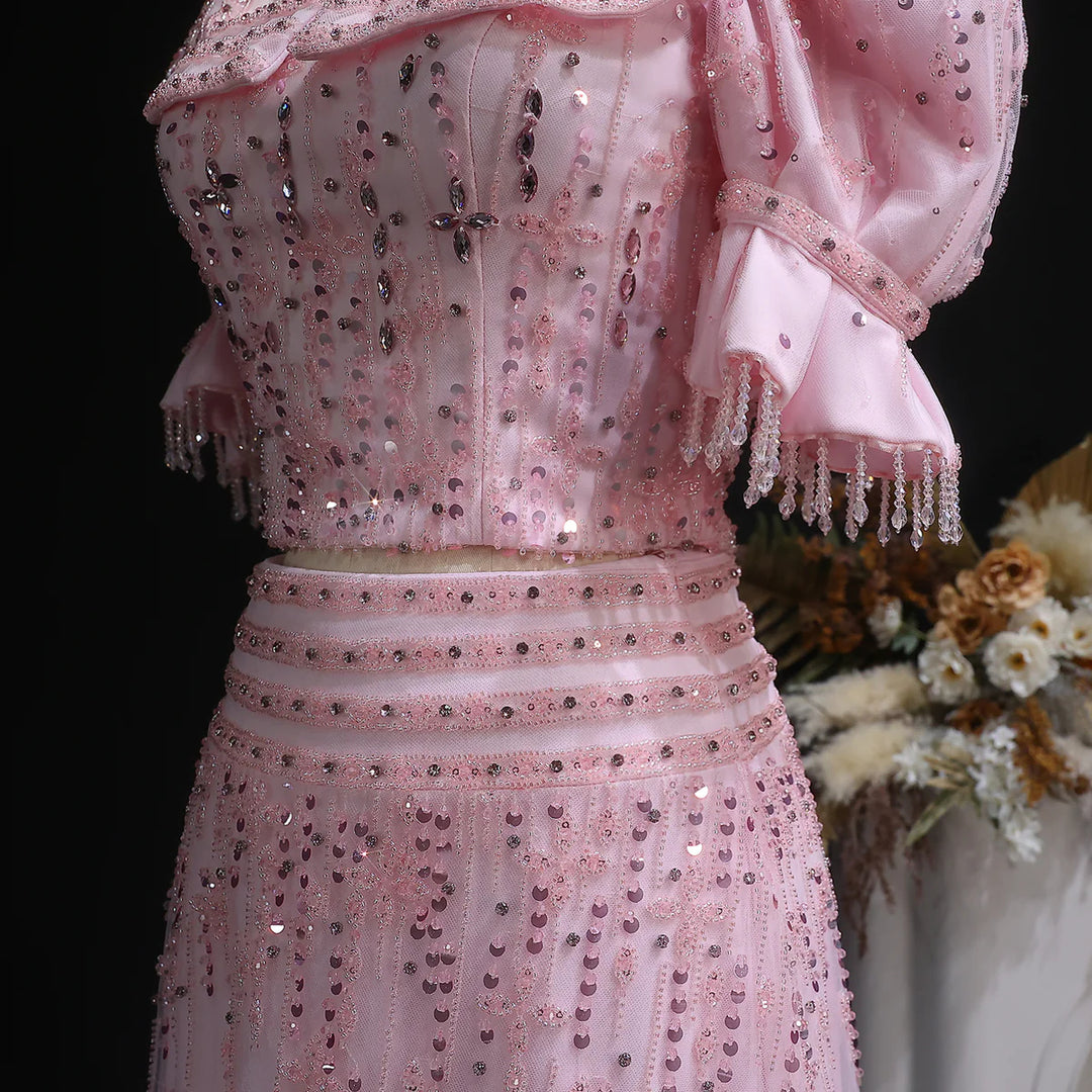Elegant Pink Sequin Two Piece Evening Dress with Puff Sleeves SS548