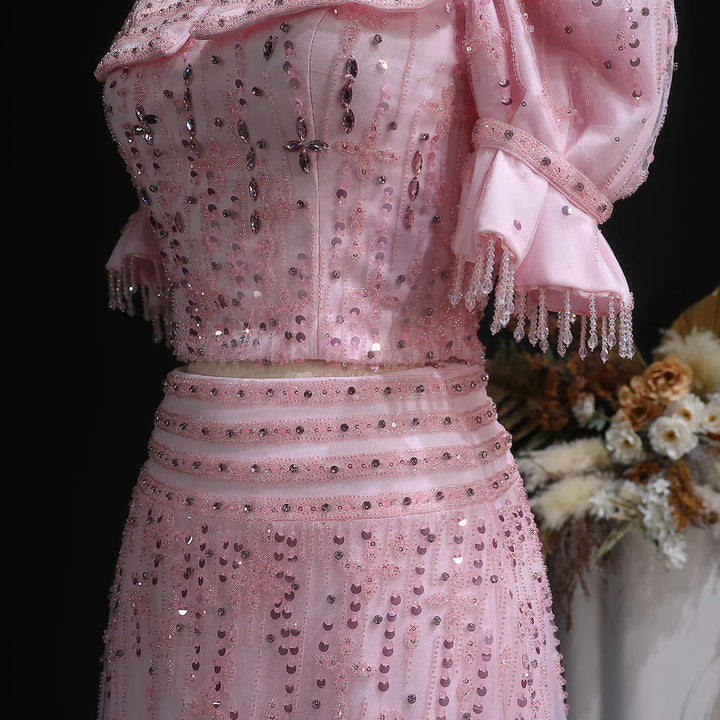 Elegant Pink Sequin Two Piece Evening Dress with Puff Sleeves SS548