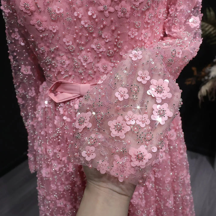 Romantic Pink 3D Floral Ruffled Evening Dress SS700