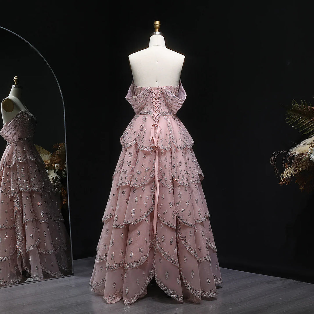 Glamorous Pink Strapless Sequin Layered Tulle Evening Dress SS612