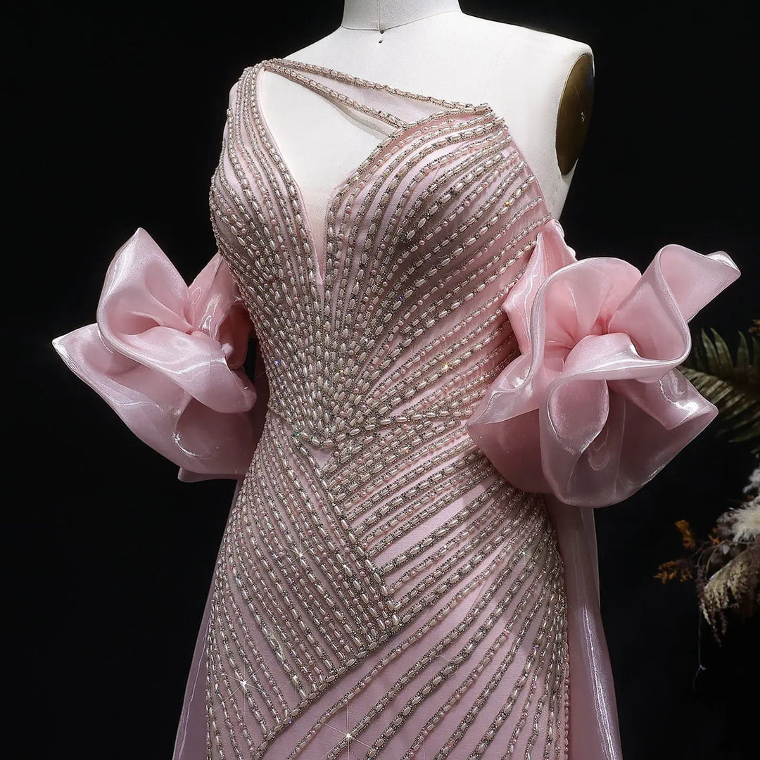 Elegent Blue Beaded One-Shoulder Evening Dress with Flowing Cape SS016