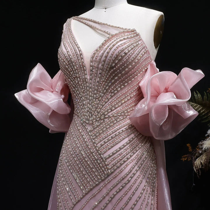 Elegent Blue Beaded One-Shoulder Evening Dress with Flowing Cape SS016