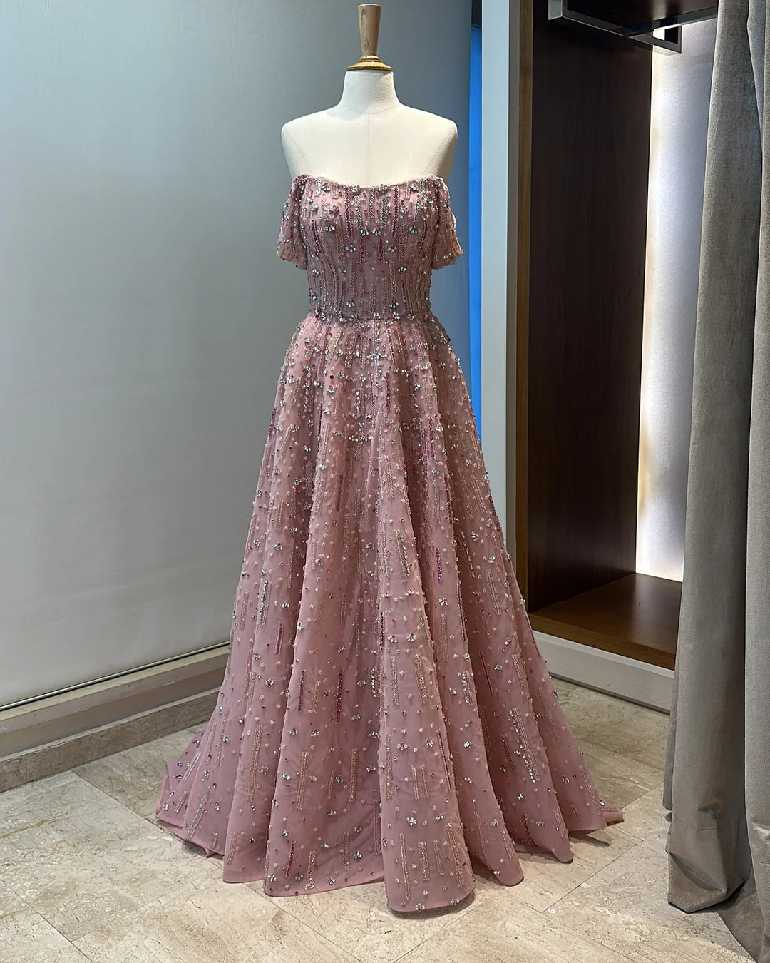 Romantic Pink Off Shoulder with Beaded Details Evening Dress SS226