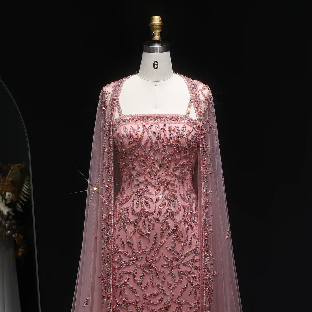 Luxury Beaded Evening Dress with Sheer Cape in Pink White SS393