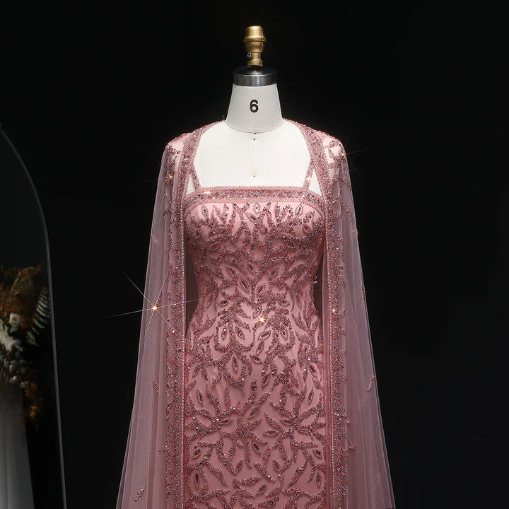 Luxury Beaded Evening Dress with Sheer Cape in Pink White SS393