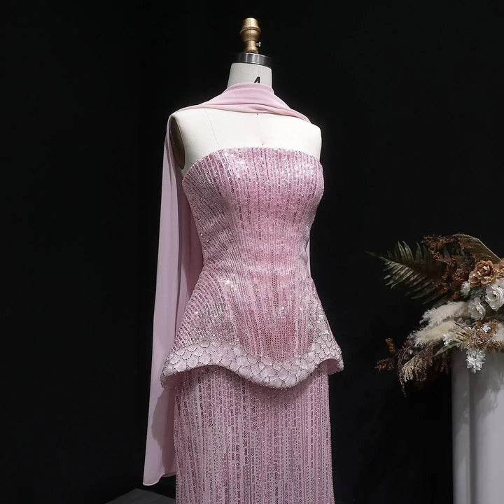 Luxury Orange Sparkle Strapless Peplum Pageant Evening Dress with Scarf SS560