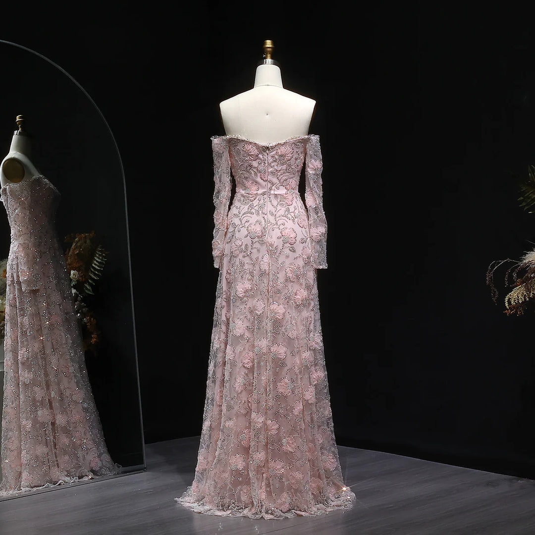 Luxury Pink Beaded Embroidered Long Sleeve Evening Dress SS638