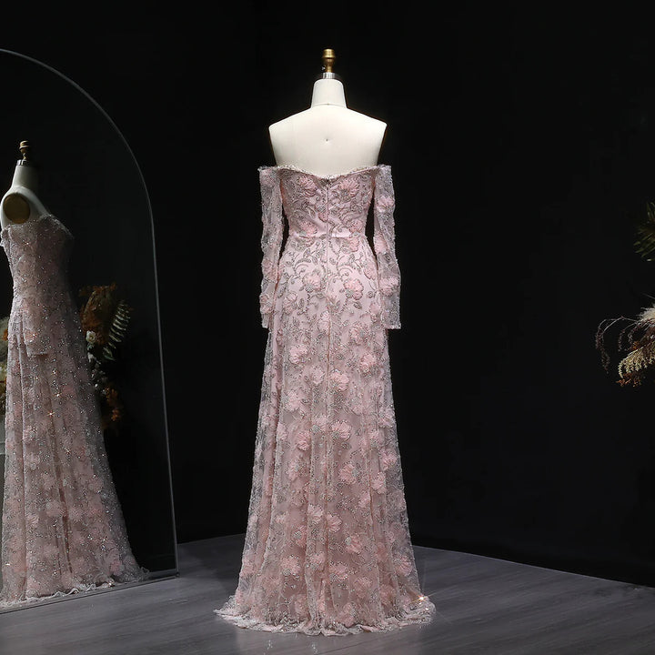 Luxury Pink Beaded Embroidered Long Sleeve Evening Dress SS638