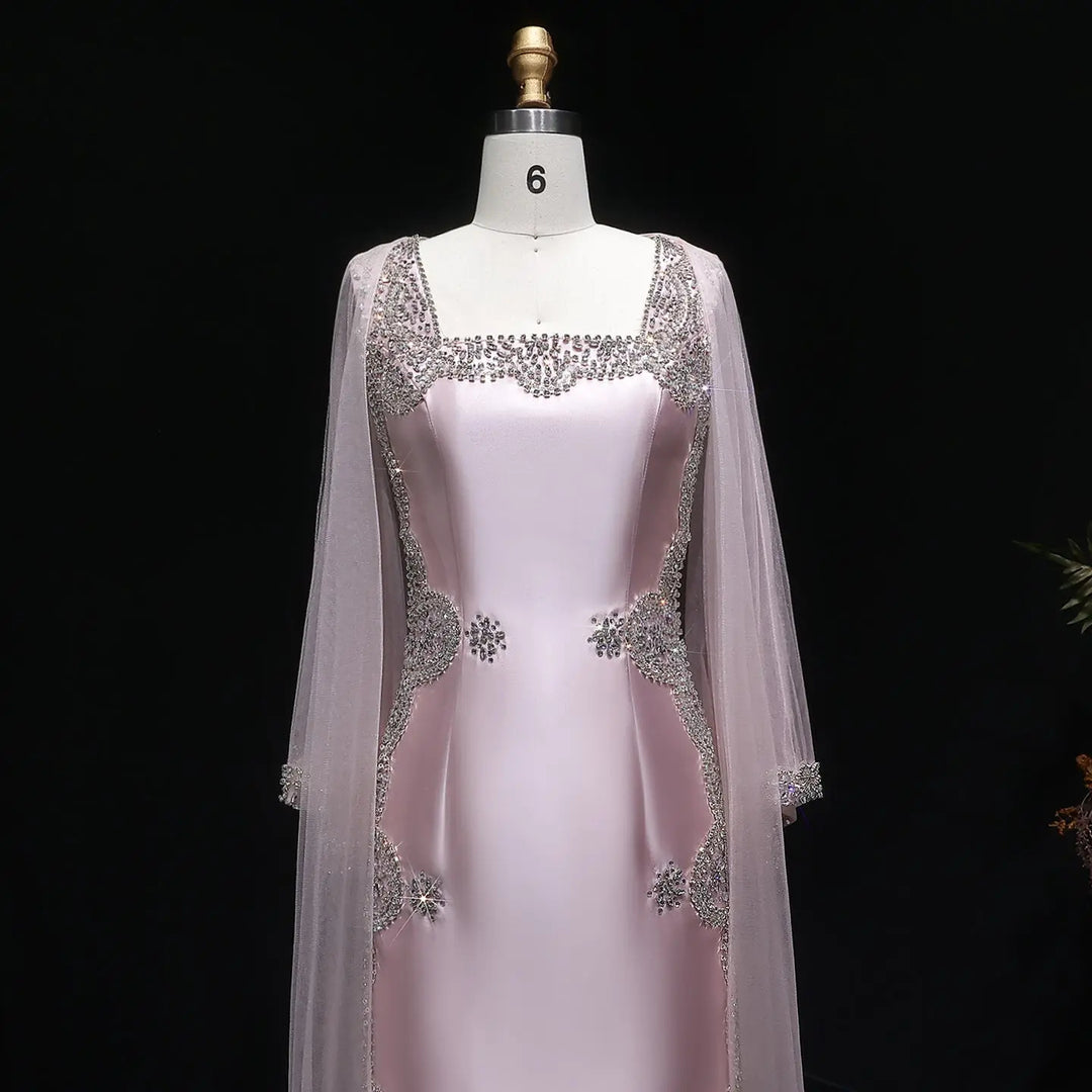 Elegant Pink Square Neck Evening Gown with Crystal Beading SS326