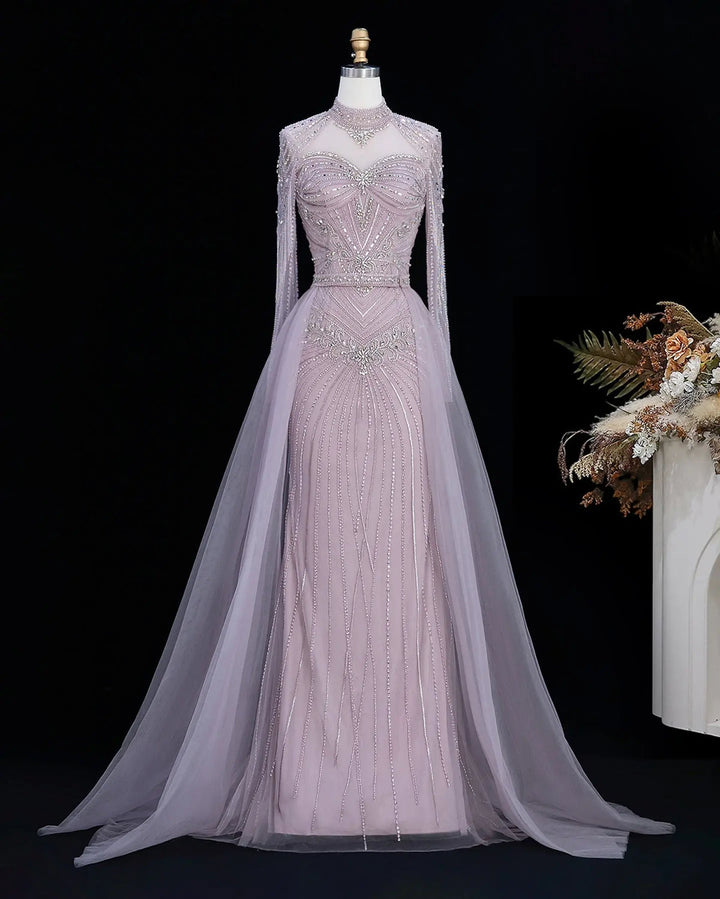 Dreamy Vow Beaded High Neck Evening Gown with Flowing Cape SS171