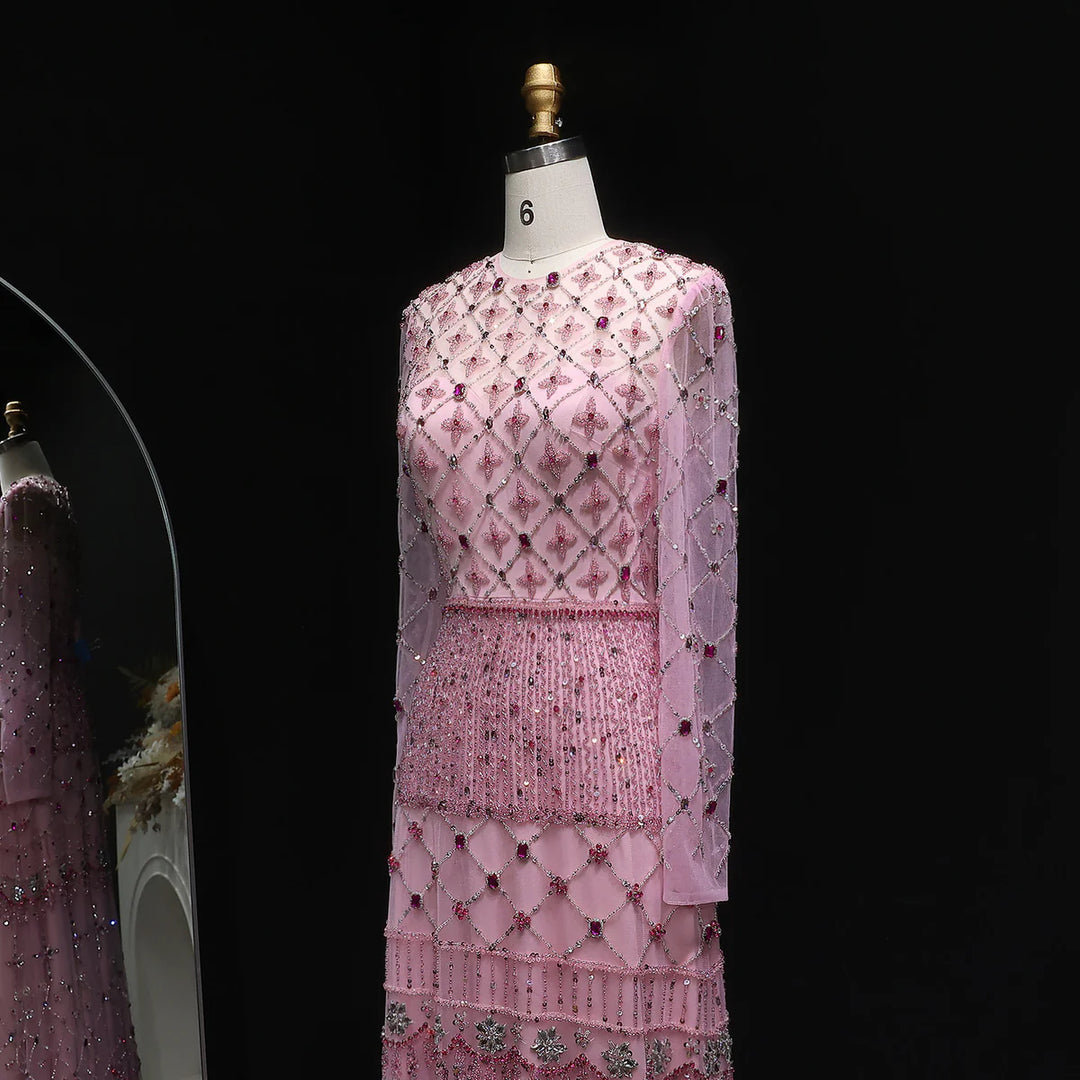 Elegant Pink Crystal Beaded Long Sleeve Evening Dress SS220