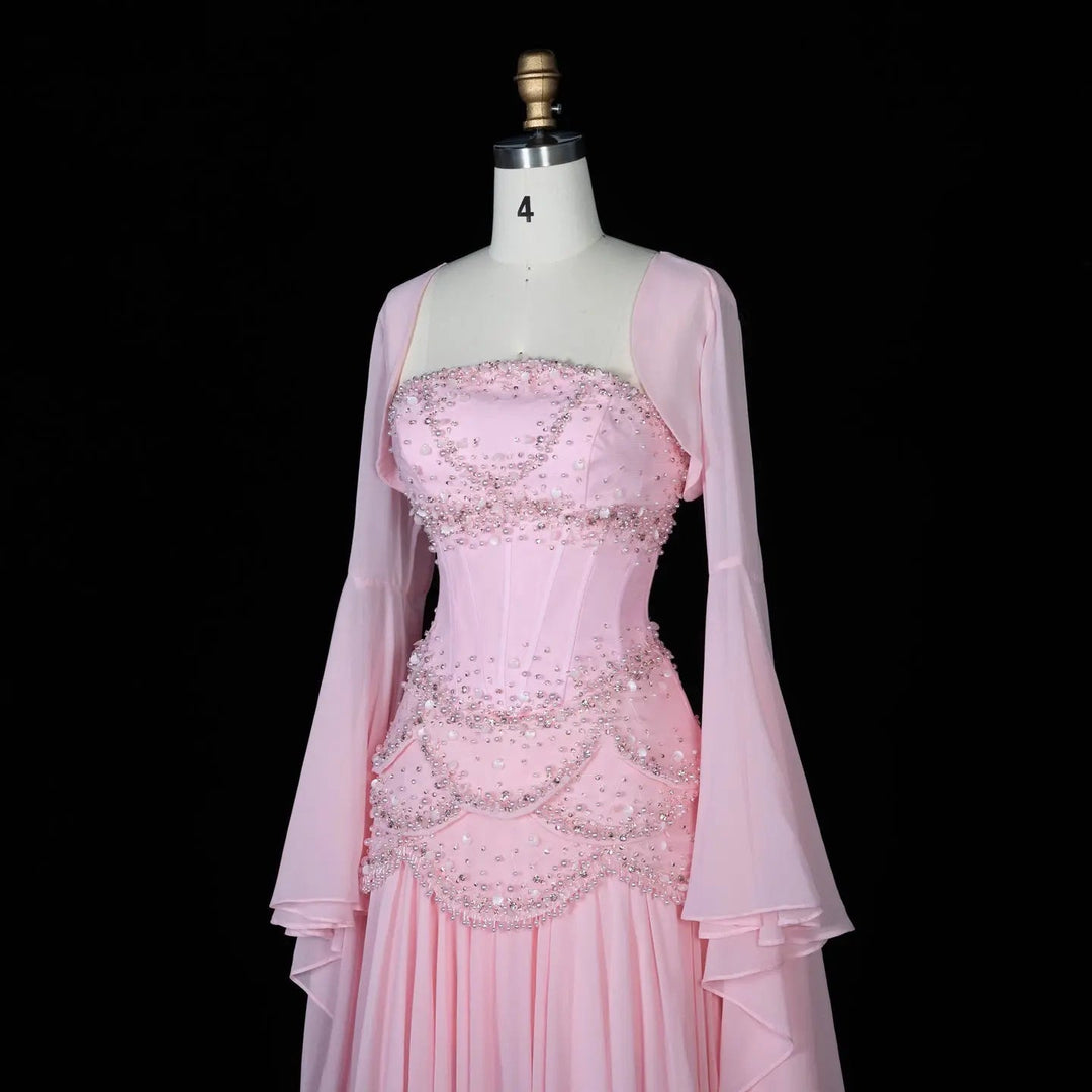 Luxury Pearls Tassel Blue Evening Dress with Flowing Coat SS286