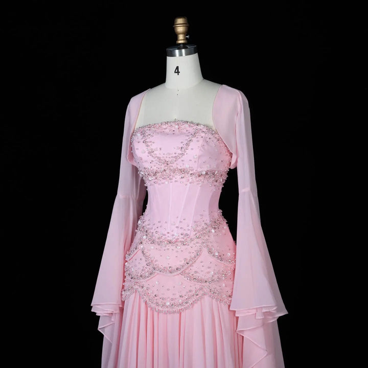 Luxury Pearls Tassel Blue Evening Dress with Flowing Coat SS286