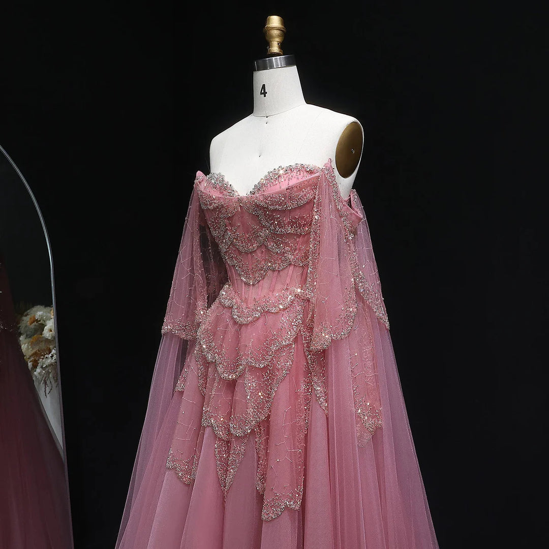 Elegant Off Shoulder Sage Green Evening Dress with Cape Sleeves SS215