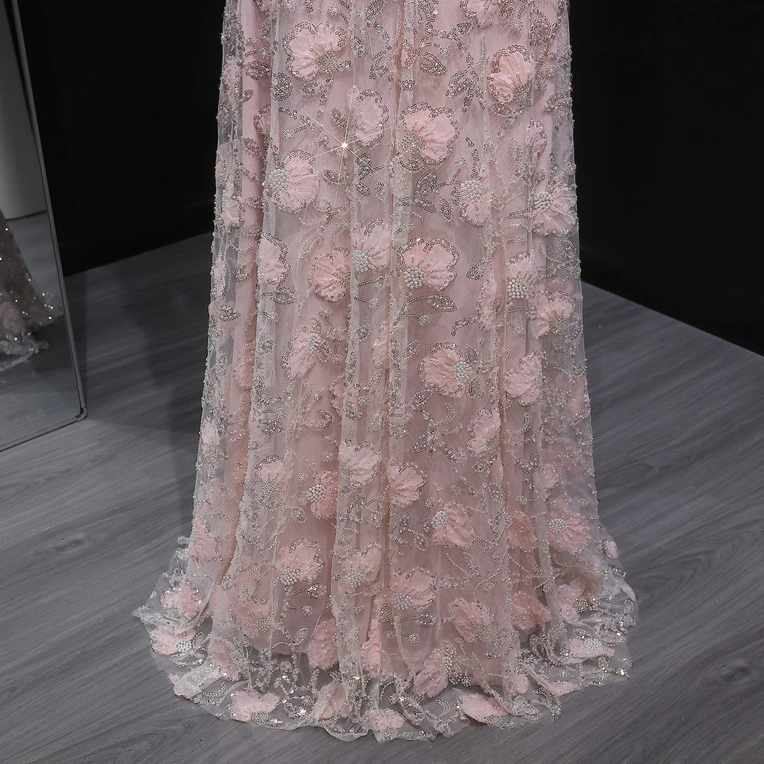 Luxury Pink Beaded Embroidered Long Sleeve Evening Dress SS638