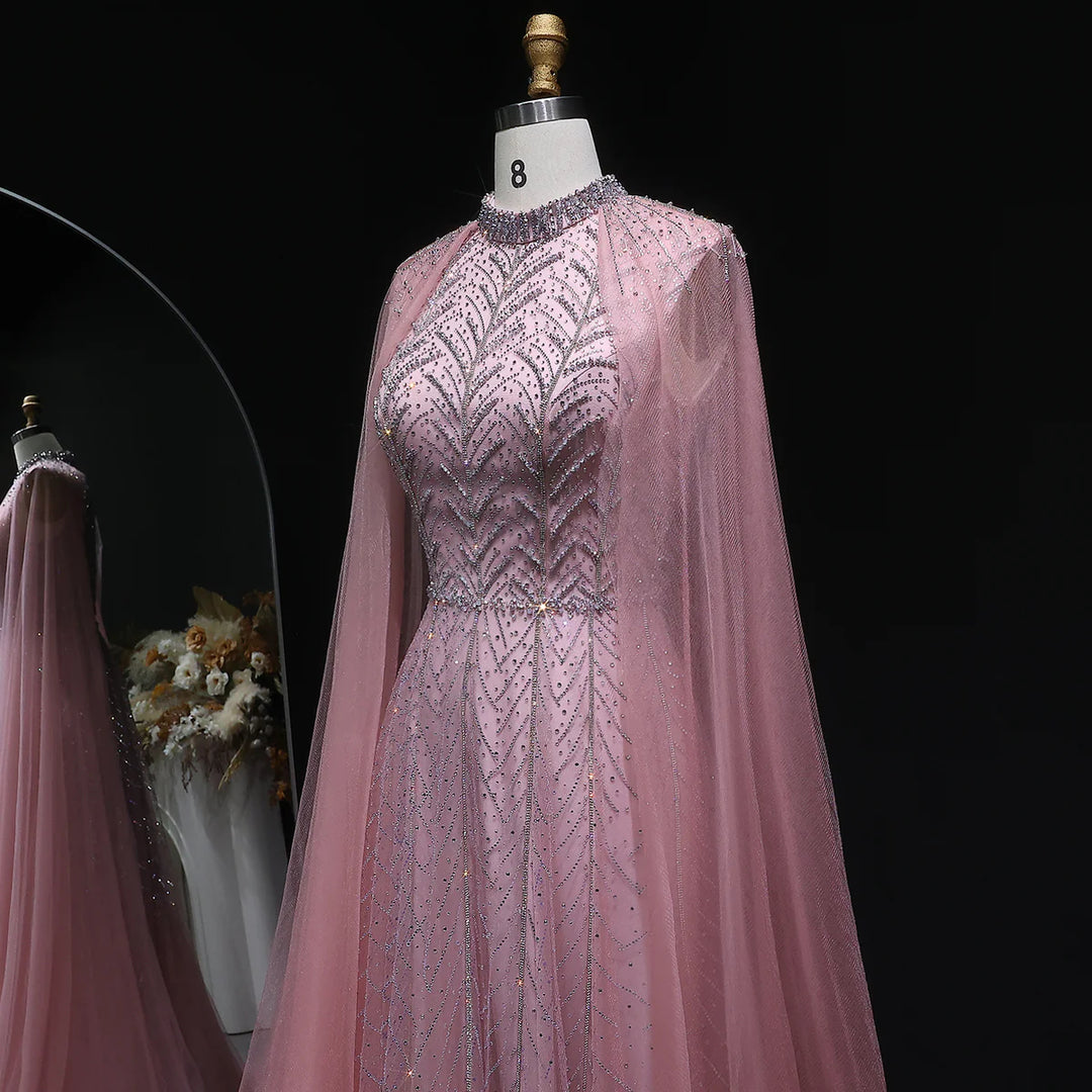 Luxury Off-Shoulder Beaded Gown with Cape Evening Dress SS074