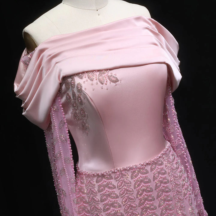 Elegant Off Shoulder Evening Dress with Long Sleeves SS695