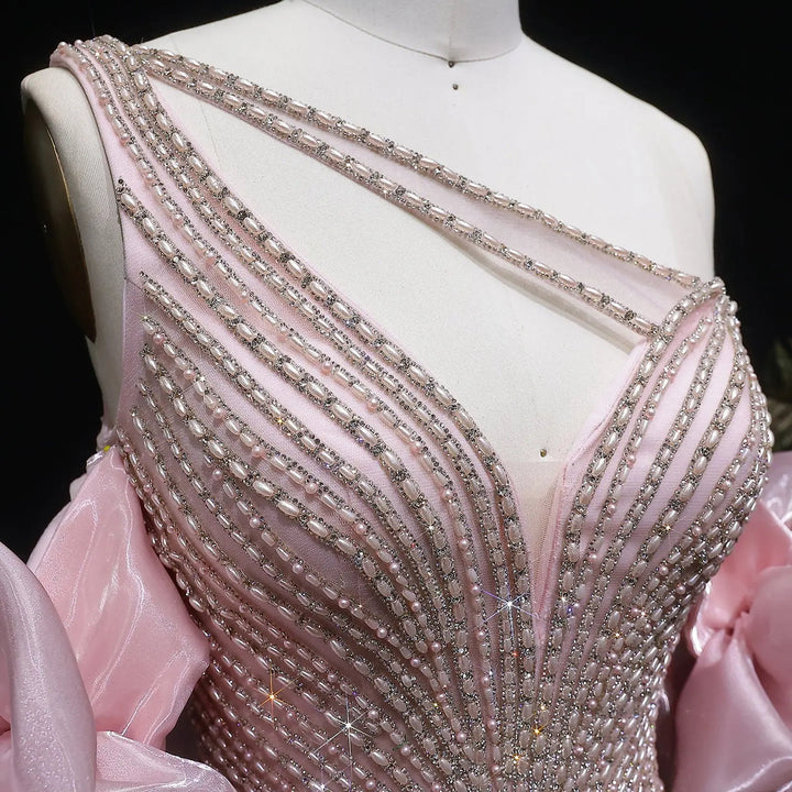 Elegent Blue Beaded One-Shoulder Evening Dress with Flowing Cape SS016