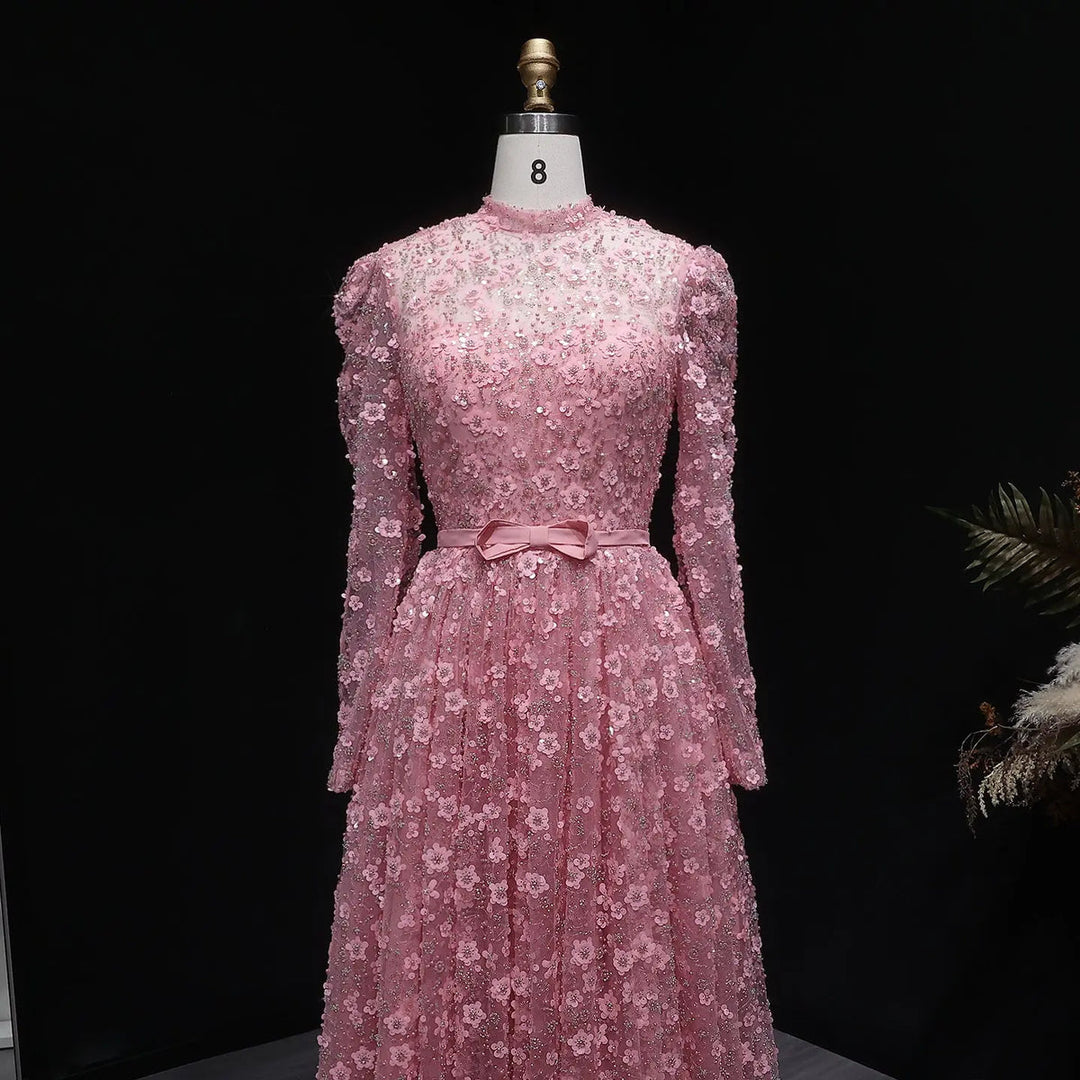 Romantic Pink 3D Floral Ruffled Evening Dress SS700