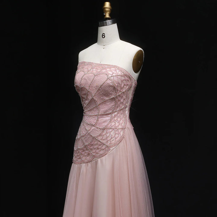 Elegant Pearl Beaded Pink Sequin Evening Gown SS287