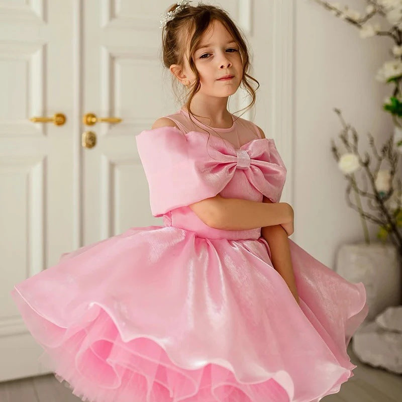 Pink Bow Cape Girls Party Dress with Ruffled Tulle Hem M088