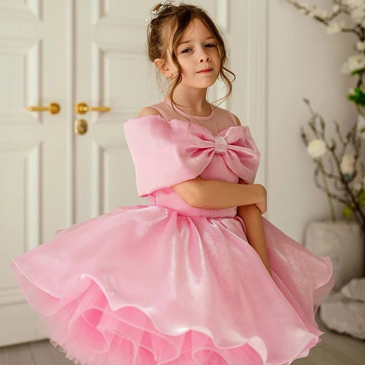 Pink Bow Cape Girls Party Dress with Ruffled Tulle Hem M088