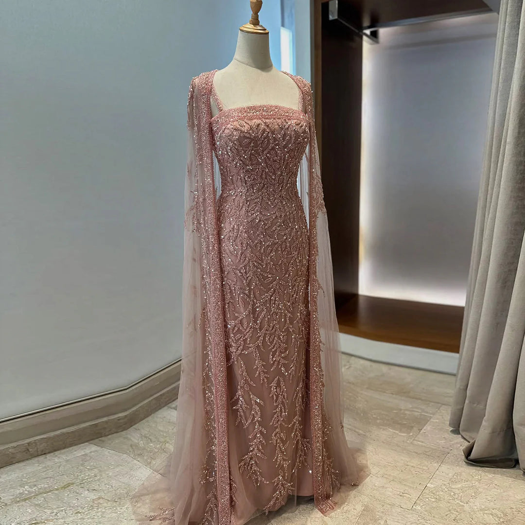 Luxury Beaded Evening Dress with Sheer Cape in Pink White SS393