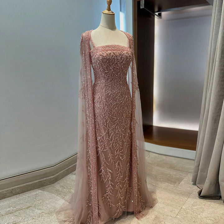 Luxury Beaded Evening Dress with Sheer Cape in Pink White SS393