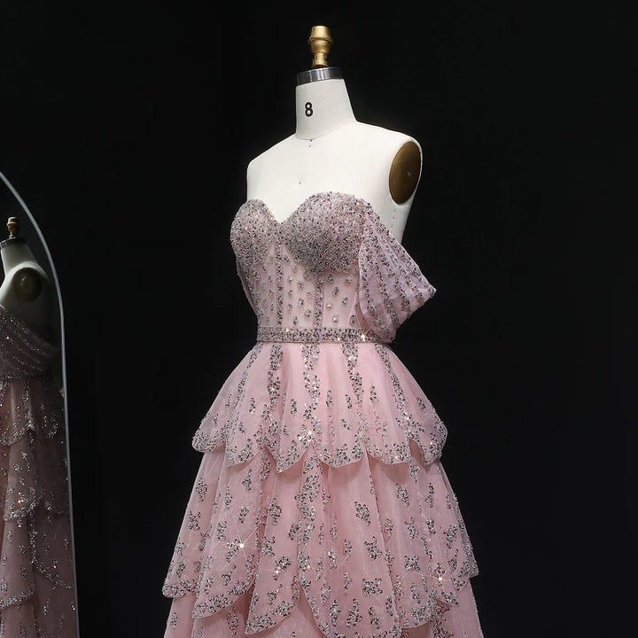 Glamorous Pink Strapless Sequin Layered Tulle Evening Dress SS612