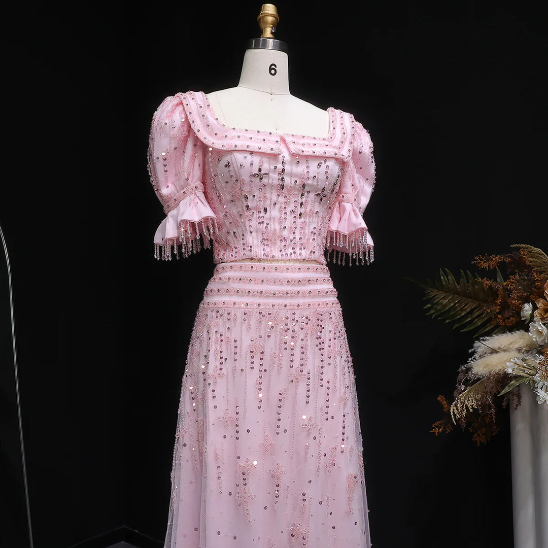 Elegant Pink Sequin Two Piece Evening Dress with Puff Sleeves SS548