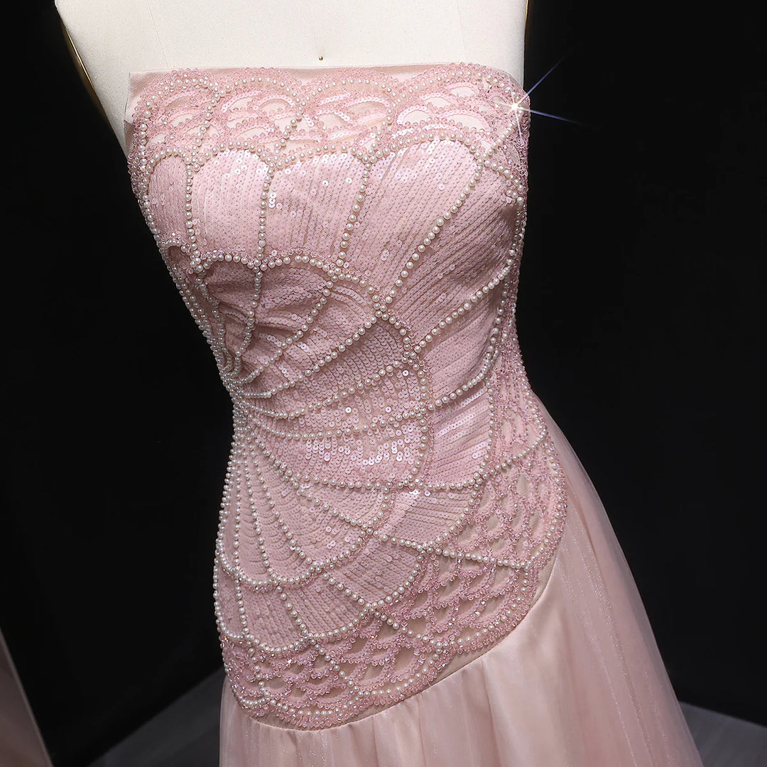 Elegant Pearl Beaded Pink Sequin Evening Gown SS287