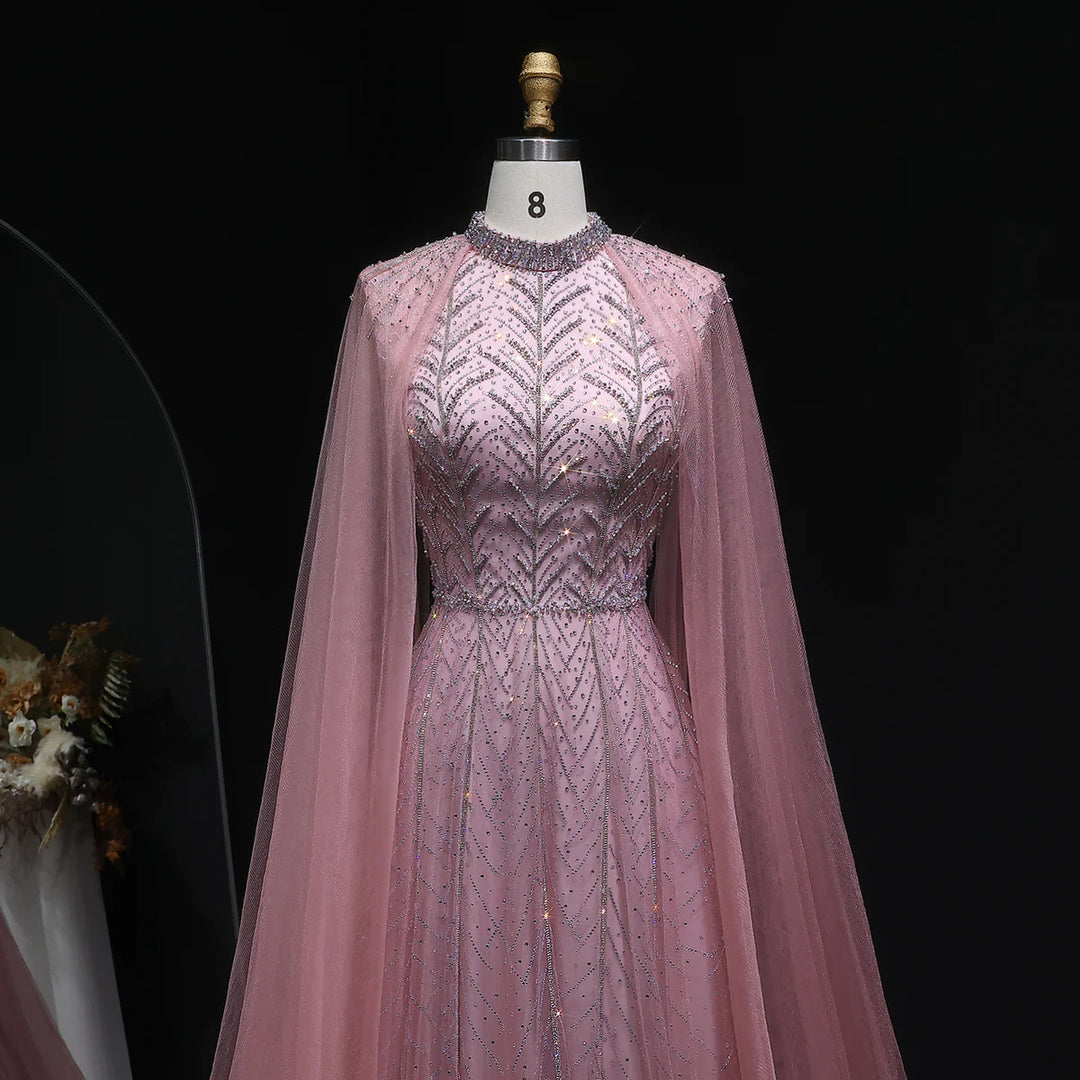 Luxury Off-Shoulder Beaded Gown with Cape Evening Dress SS074