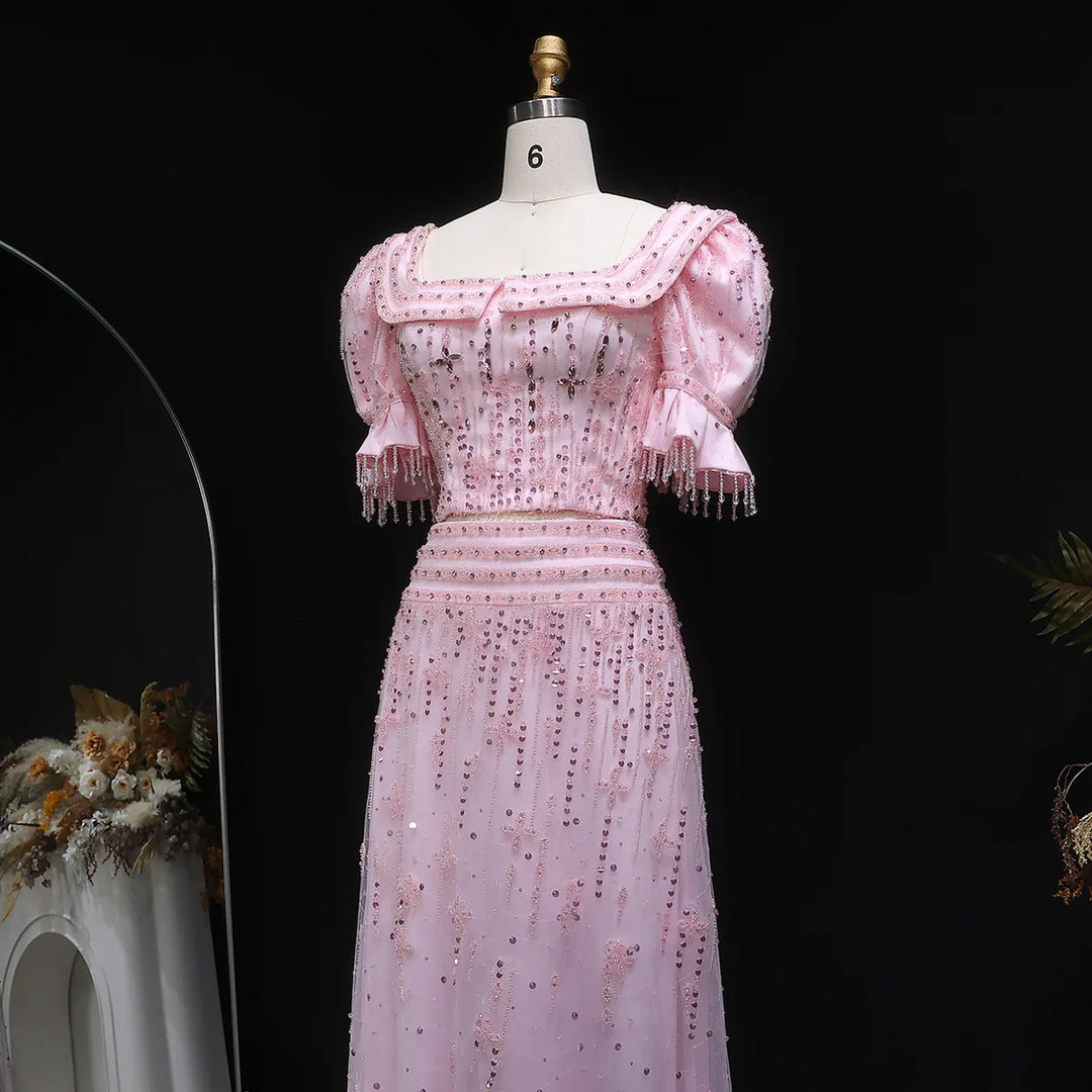 Elegant Pink Sequin Two Piece Evening Dress with Puff Sleeves SS548