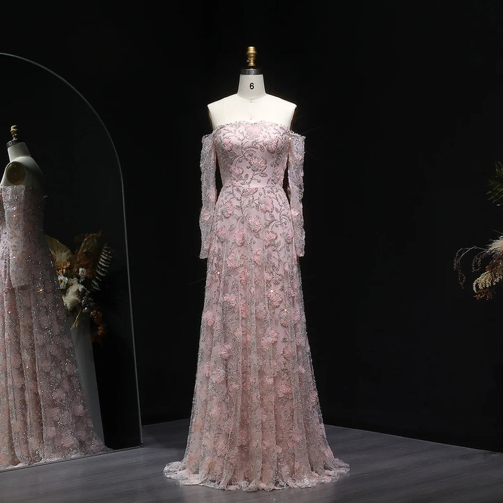 Luxury Pink Beaded Embroidered Long Sleeve Evening Dress SS638