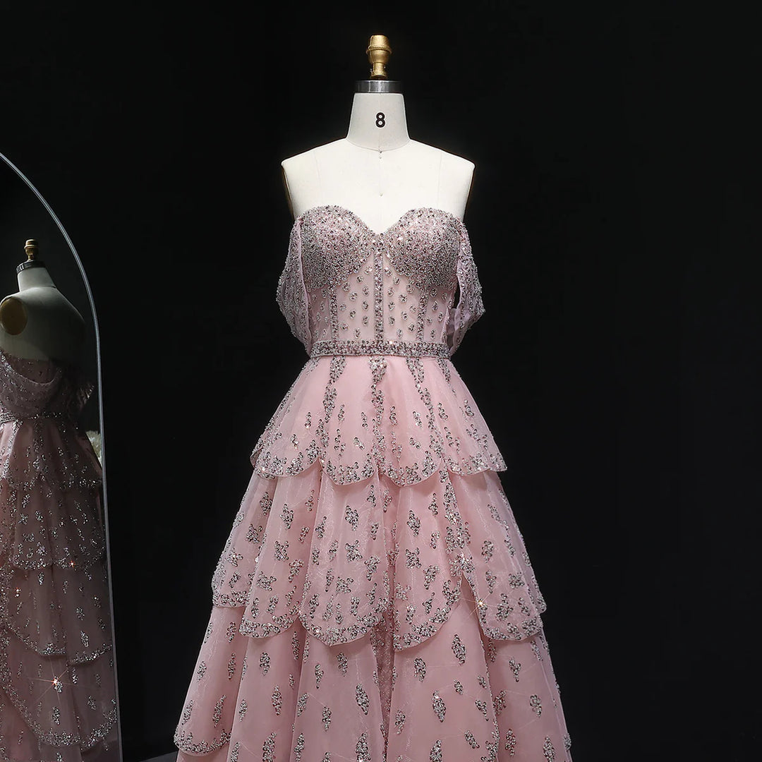Glamorous Pink Strapless Sequin Layered Tulle Evening Dress SS612
