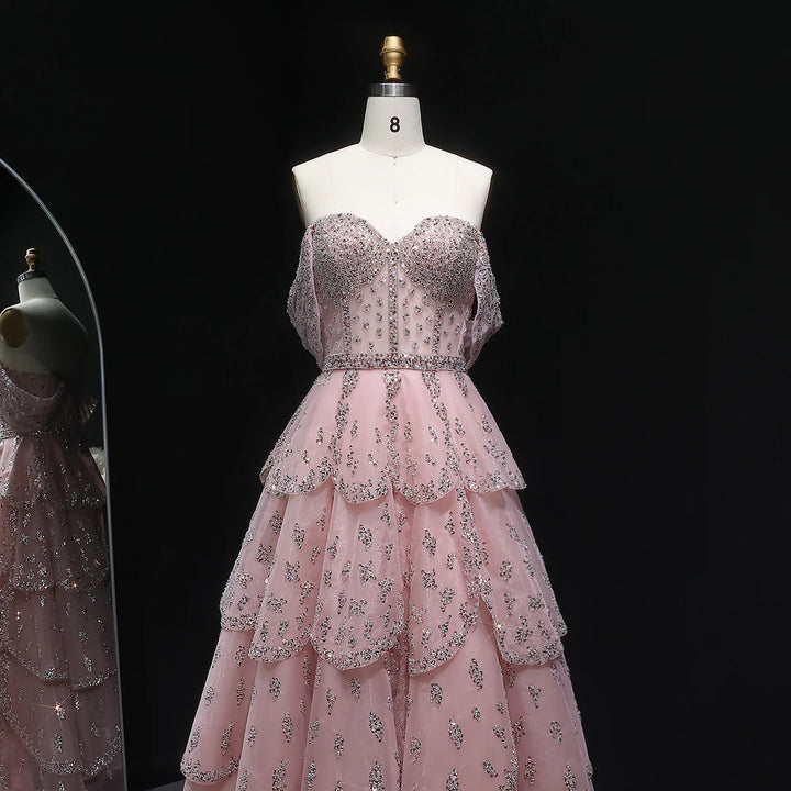 Glamorous Pink Strapless Sequin Layered Tulle Evening Dress SS612