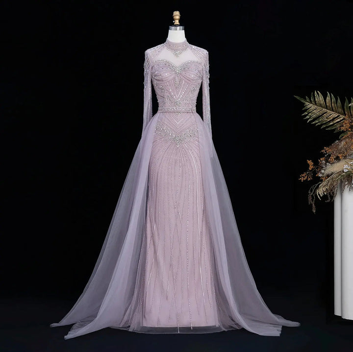 Dreamy Vow Beaded High Neck Evening Gown with Flowing Cape SS171