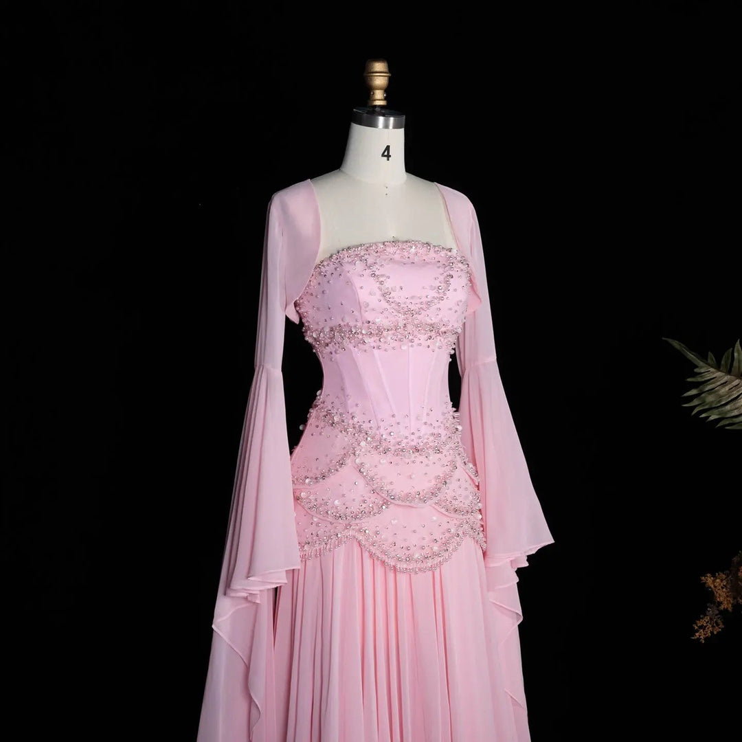 Luxury Pearls Tassel Blue Evening Dress with Flowing Coat SS286