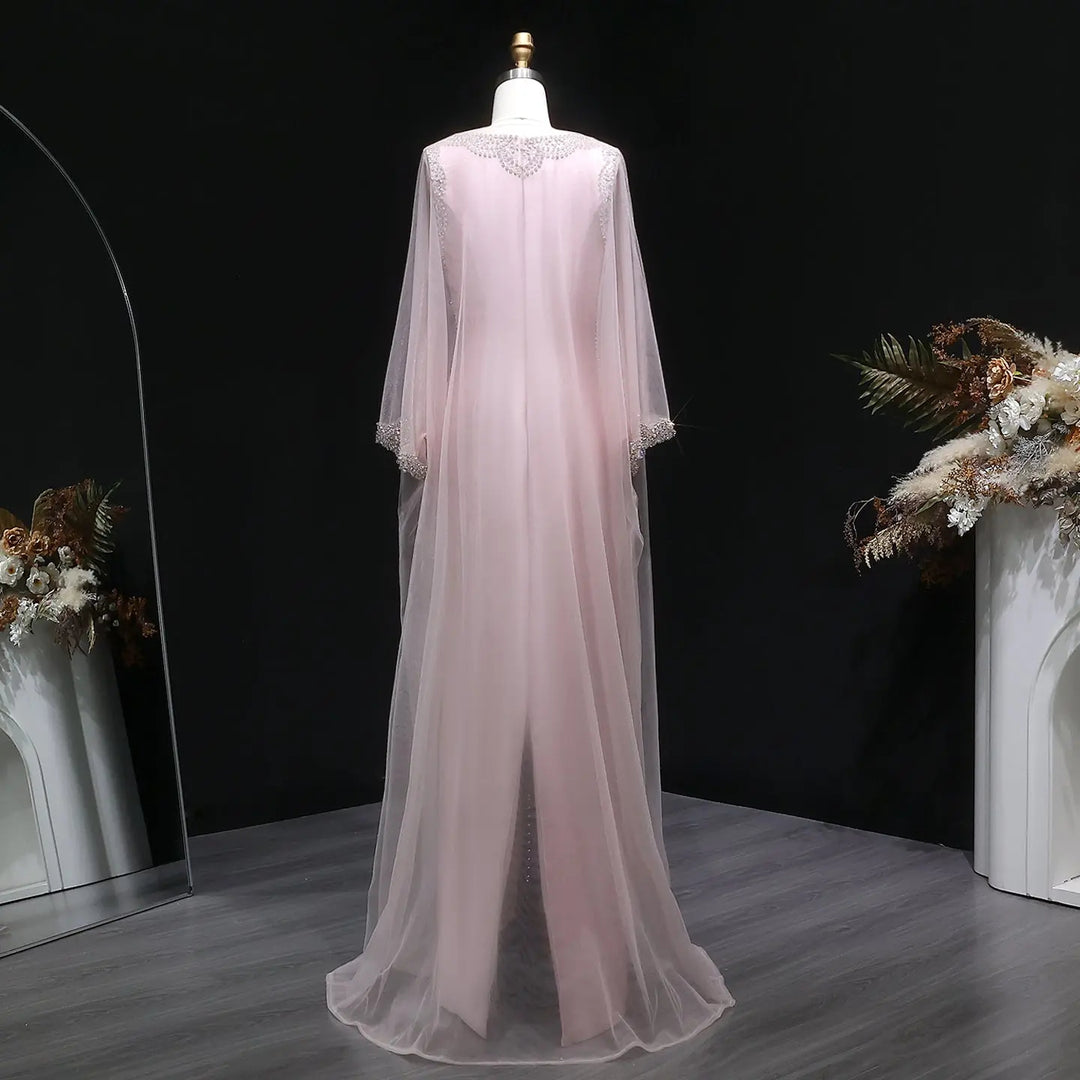 Elegant Pink Square Neck Evening Gown with Crystal Beading SS326