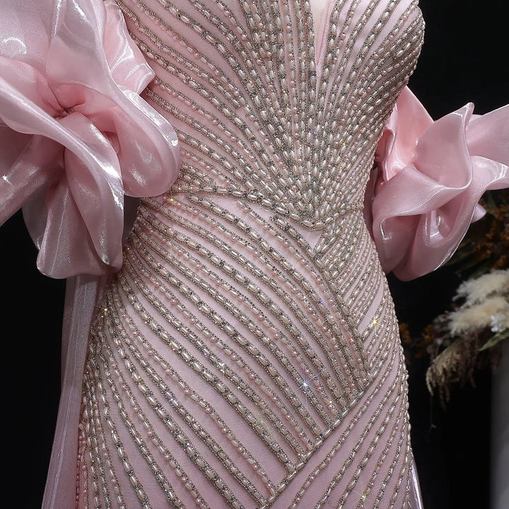 Elegent Blue Beaded One-Shoulder Evening Dress with Flowing Cape SS016