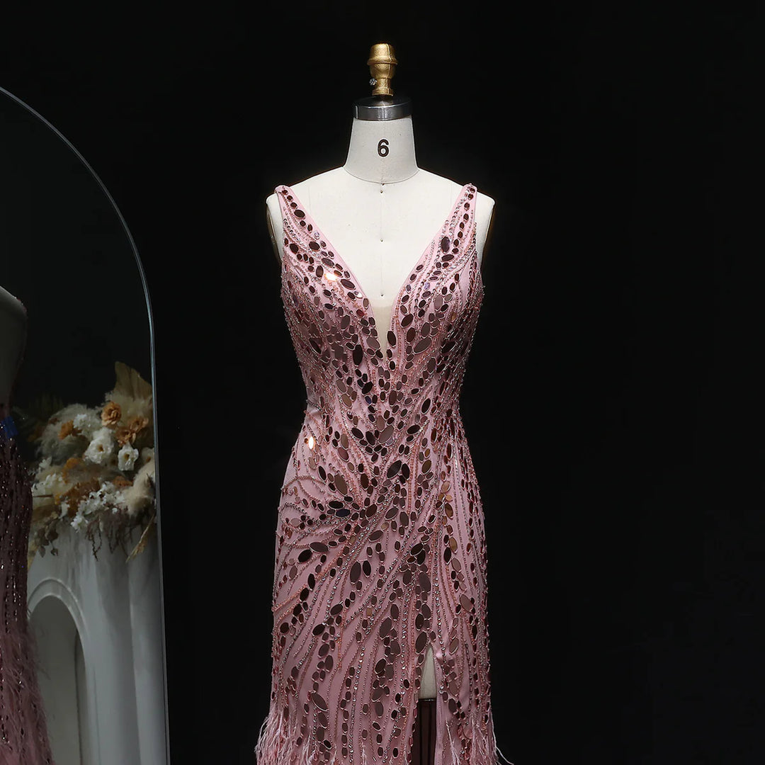 Glamorous Feather Beaded Evening Dress with High Slit SS066