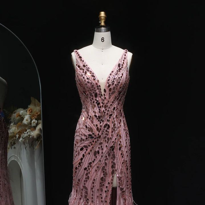 Glamorous Feather Beaded Evening Dress with High Slit SS066