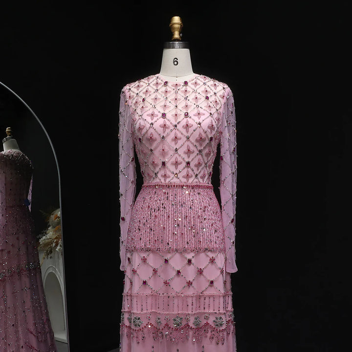 Elegant Pink Crystal Beaded Long Sleeve Evening Dress SS220