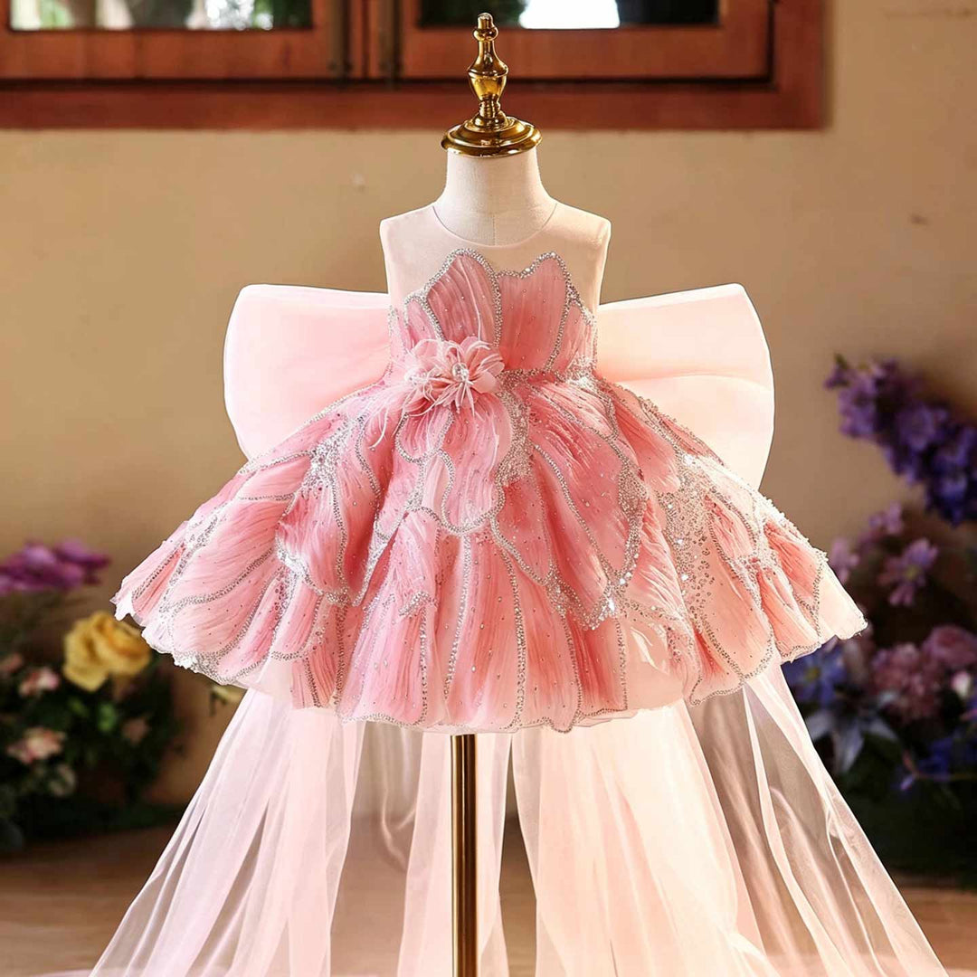 Pink Beaded Petal Ruffle Girls Princess Dress D022