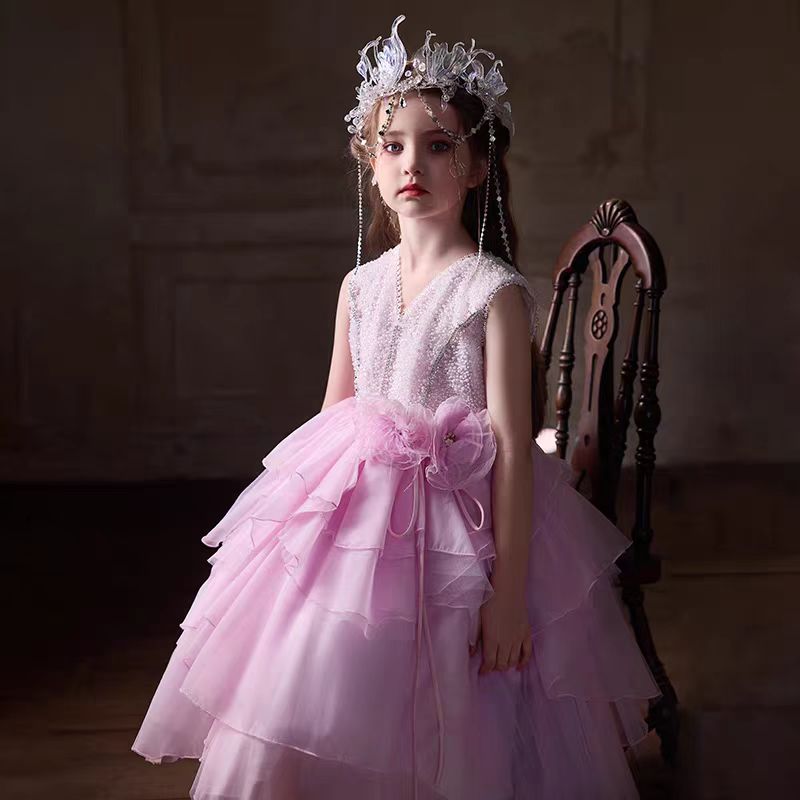 Blush Pink Flower Girl Dress with Sequins Embroidery J232
