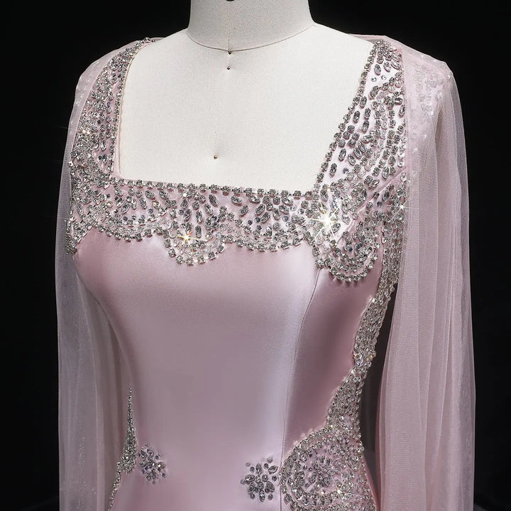 Elegant Pink Square Neck Evening Gown with Crystal Beading SS326