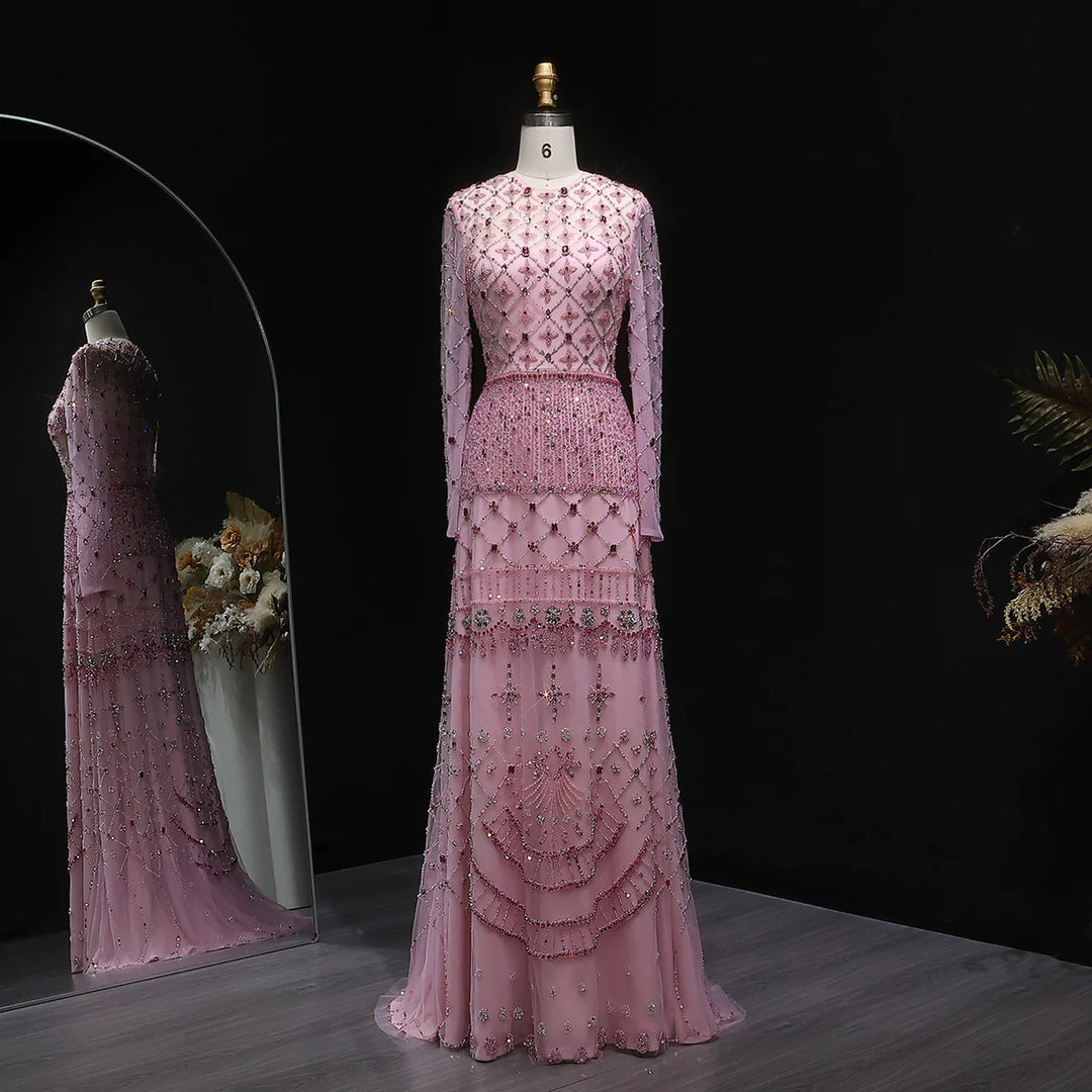 Elegant Pink Crystal Beaded Long Sleeve Evening Dress SS220